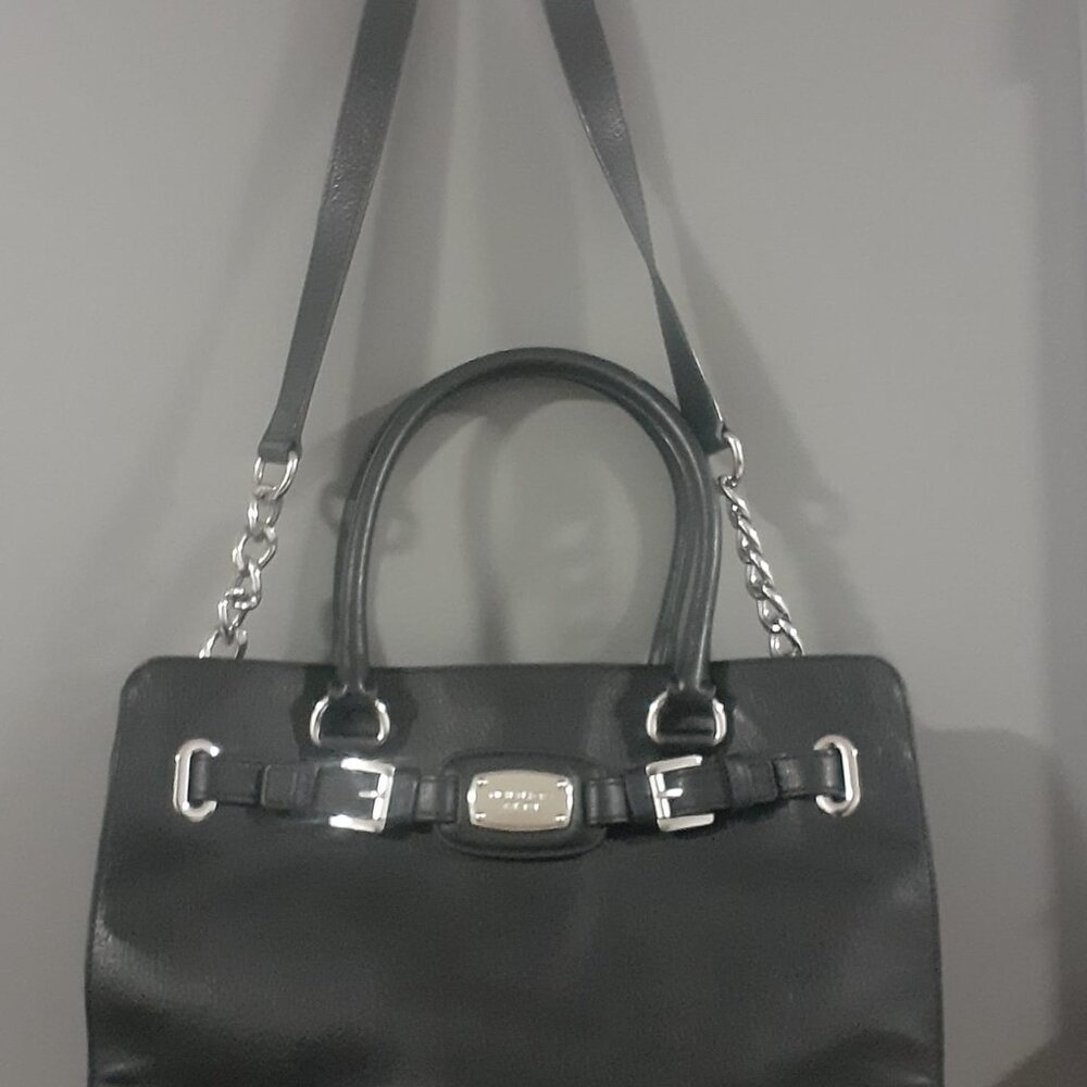 Michael Kors Black Leather Handbag with Chain and Buckle Accents